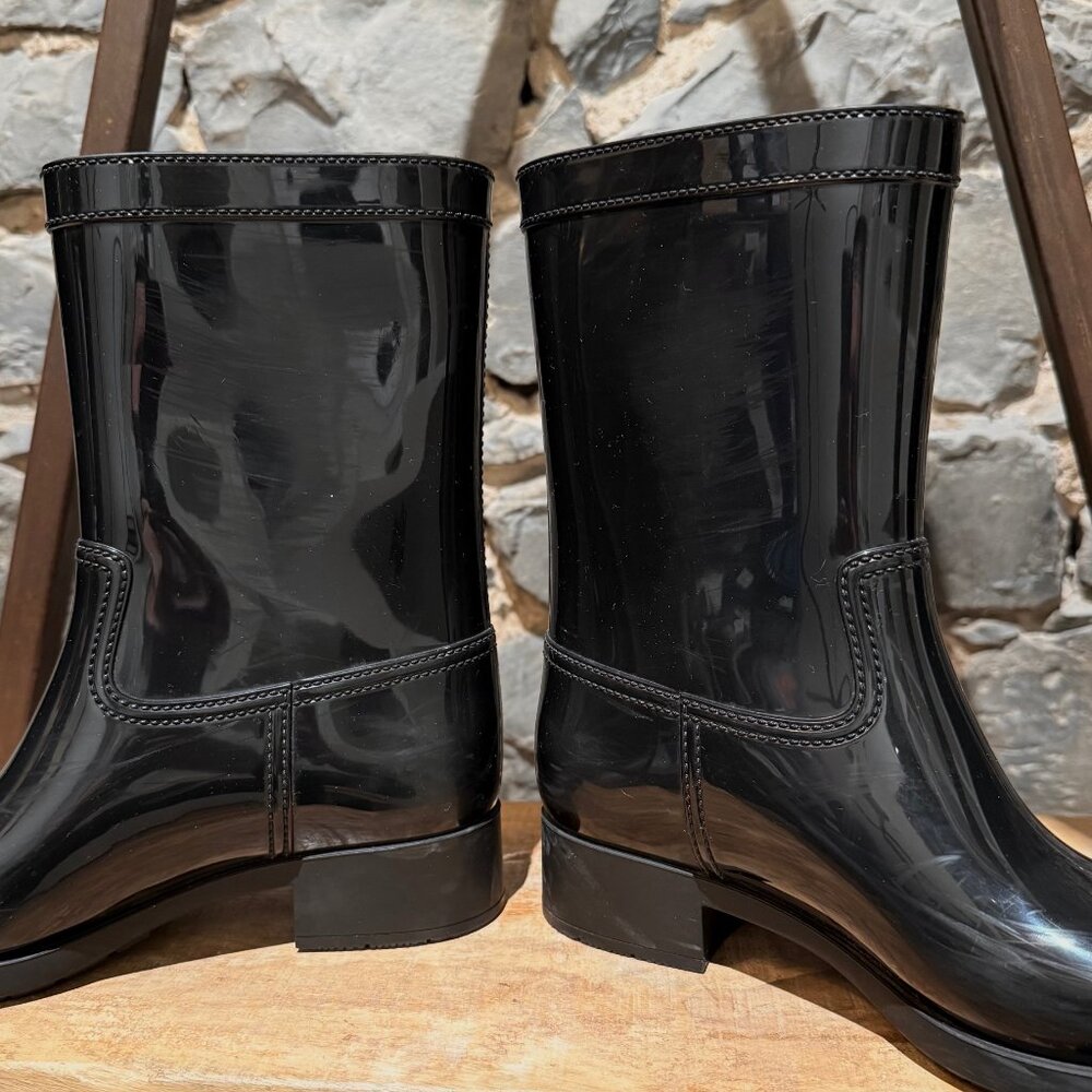 Prada Black Enamel Triangle Mid-Calf Rain Boots - Picture 10 of 14